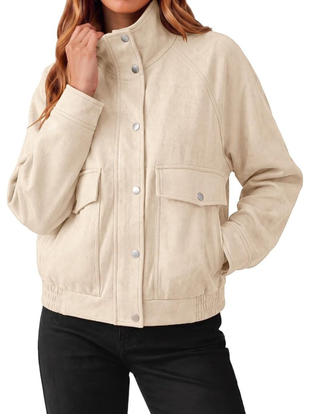 Women's Vanilla Faux Suede Cropped Stand Collar ZIP Up Pocket Bomber Jacket